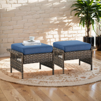 Anferney Wicker Outdoor Ottomans with Cushions (Set of 2)