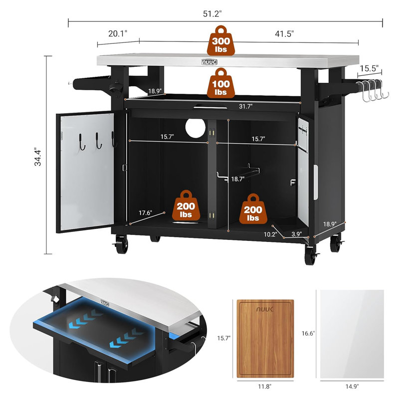 42" x 20" Outdoor Kitchen Island Cart with Storage, Stainless Steel BBQ Prep Table for Grill & Pizza Oven