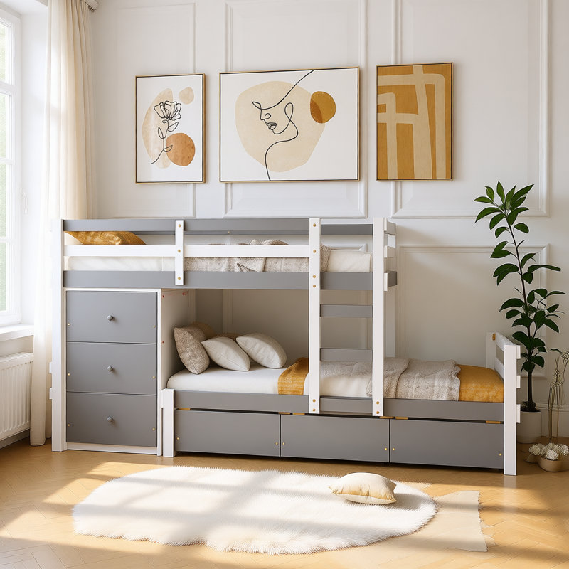 Fredonia Kids Twin Over Twin Bunk Bed with Drawers, Gray