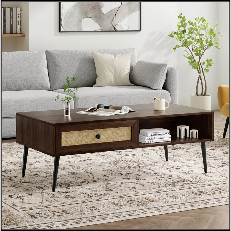 Table basse de style Mid-Century moderne, console rectangulaire de 47 pouces avec tiroir et tablette, table basse en bois pour salon, bureau, noyer