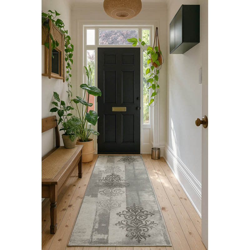 Trawick 10' Gray And Ivory Damask Shag Runner Rug, Runner 2'3" x 15'