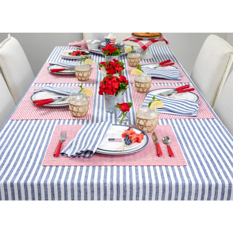Navy and White Striped Linen Rectangular Tablecloth 60 x 90 Inch