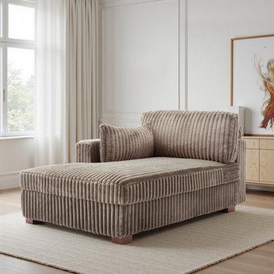 Bentura Oversized Upholstered Light Brown Faux Rabbit Fur Flannel Chaise Lounge with Armrests & Throw Pillows