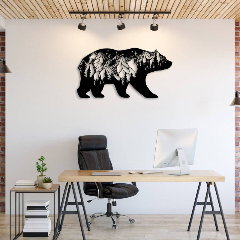 Ours en métal, art mural montagne, faune, paysage, silhouette - ours en silhouette, Noir, H 23 po x l 48 po x P 0,12 po