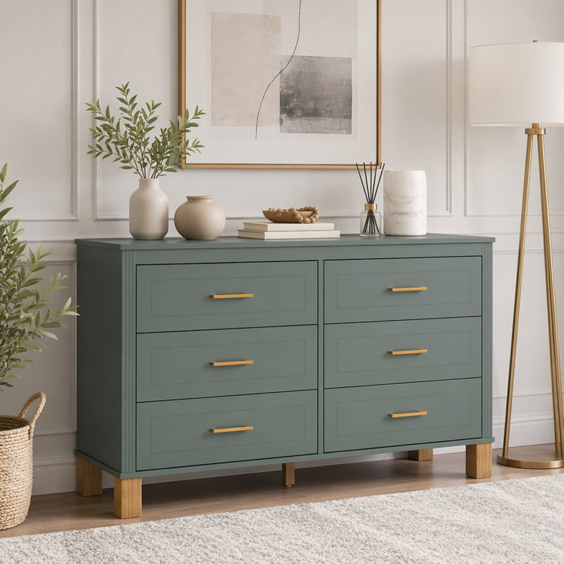 Commode double moderne à 6 tiroirs en bleu avec poignées en métal et pieds en bois massif, Blue