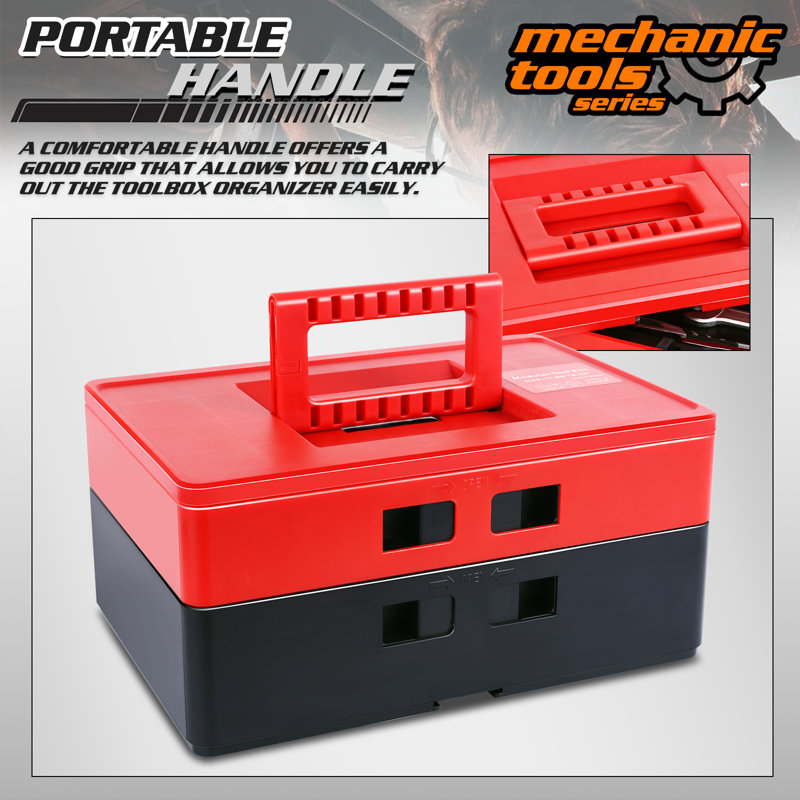 12" Plastic Tool Box, 2-Layer Stackable Lockable Toolbox Tool Chest Organizer with Handle for Garage Workshop, Red