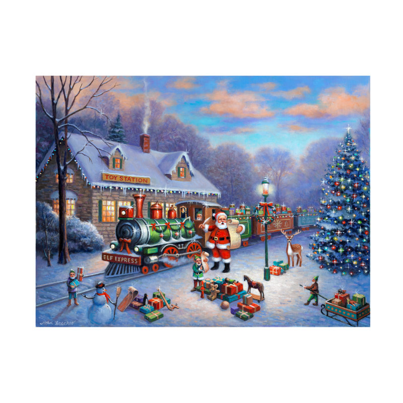 «Chargement de l'elfe express pour Noël sur toile» par John Zaccheo, H 14 po x l 19 po x P 2 po