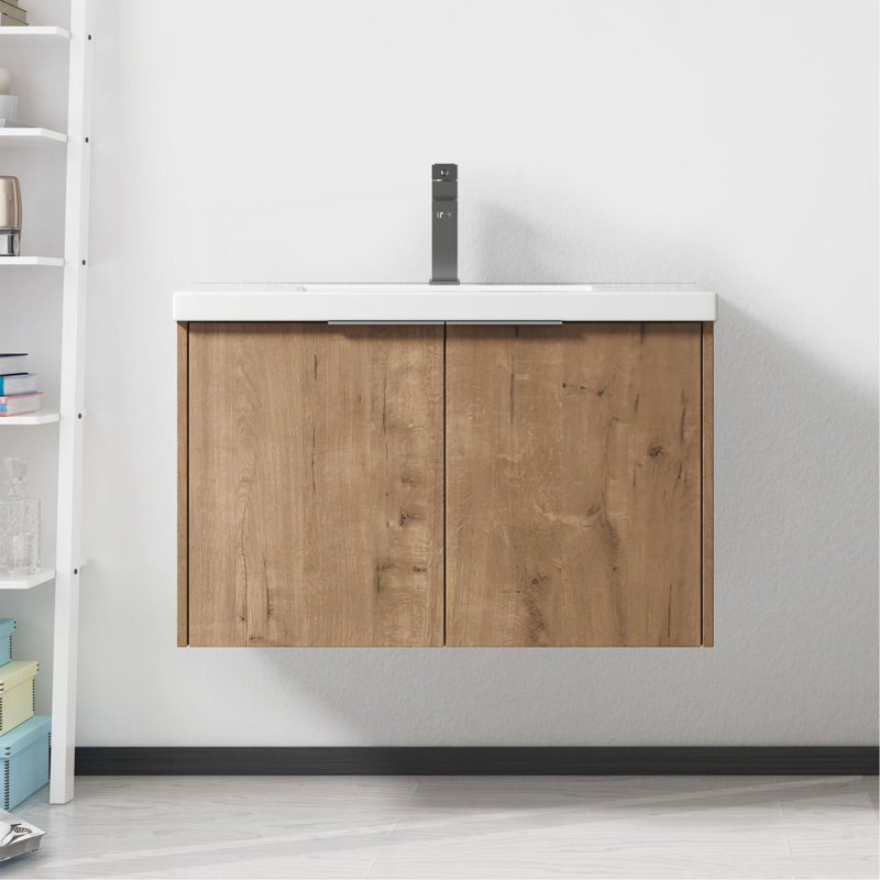 Meuble-lavabo à fermeture en douceur avec lavabo, 30 pouces pour petite salle de bain, Chêne