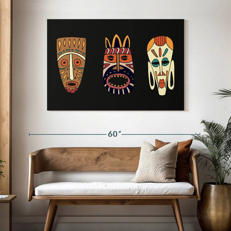 Dessin de masques d'Afrique, H 32 po x l 48 po