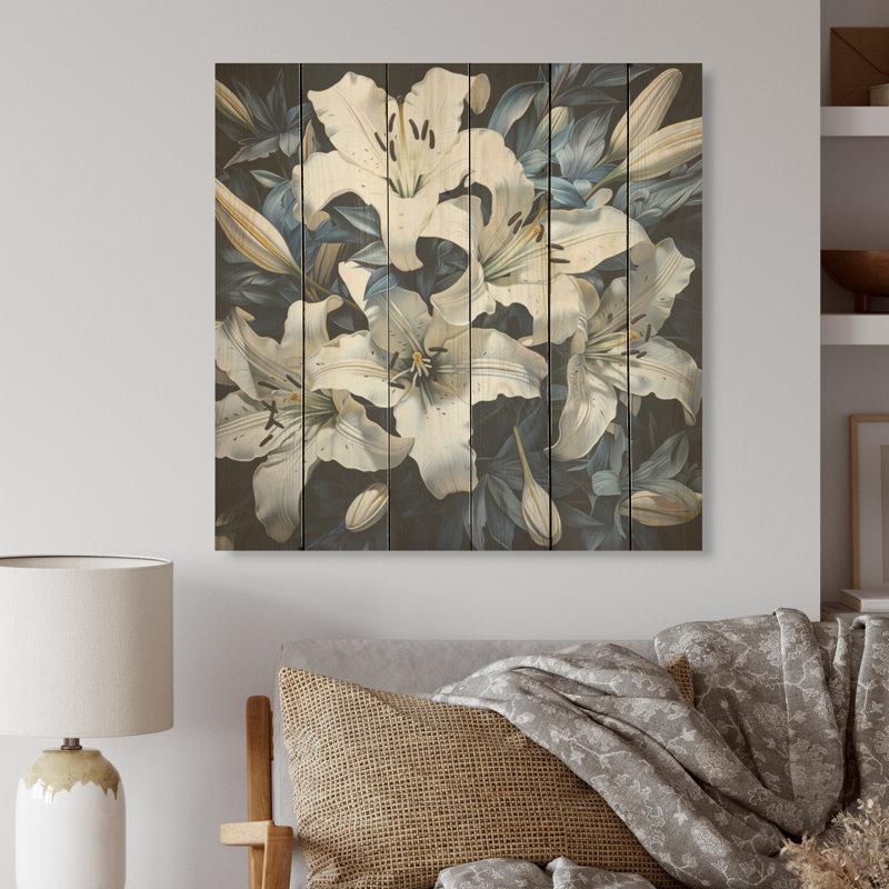 Charme de lis blanc et bleu - lys, art mural sur bois de pin naturel, H 36 po x l 36 po