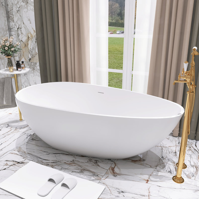 67-Inch Stone Resin Solid Surface Matte White Bathtub With Center Drain