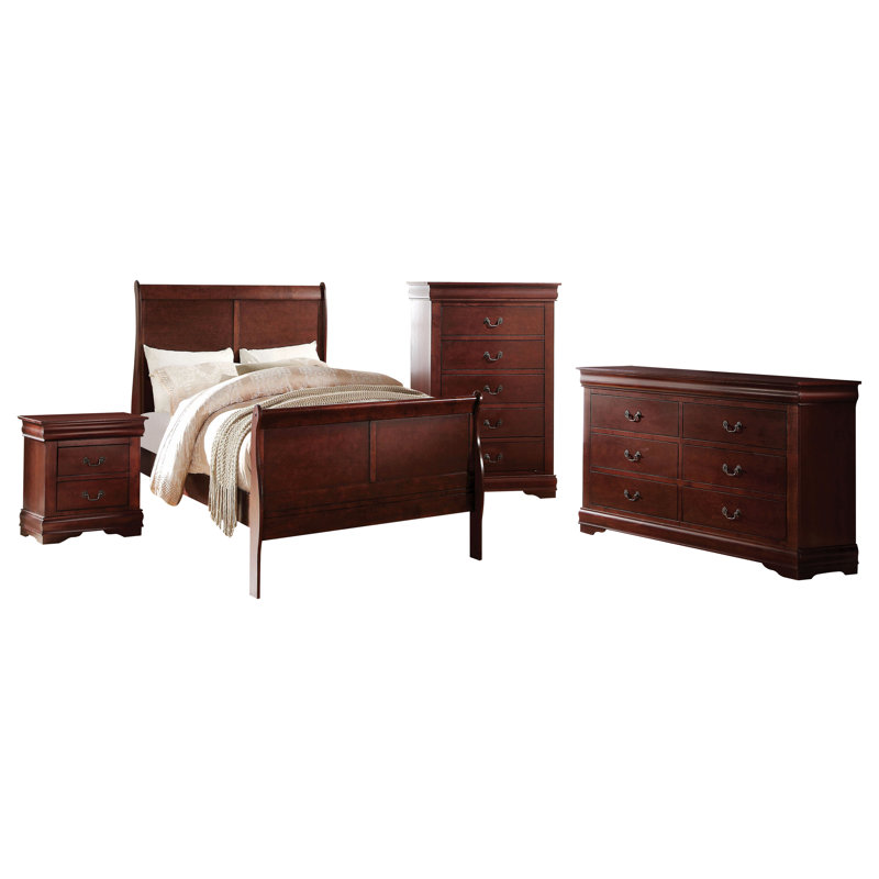Ensemble de chambre à coucher Engstrom, Cerisier, Double, 5 pièces : lit, commode, miroir, table de chevet