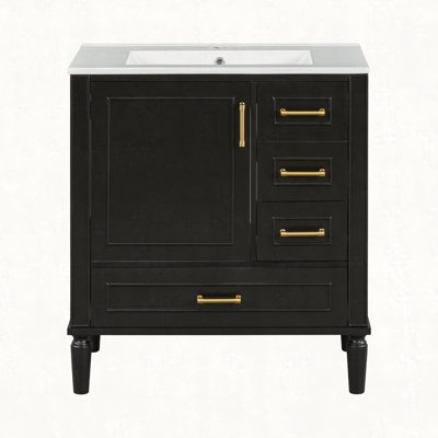 Traditional 30" Bathroom Vanity Set, Floor Standing, with Three Drawers, Soft Close Doors, with Long Gold Metal Handles - Perfect for Small Bathrooms