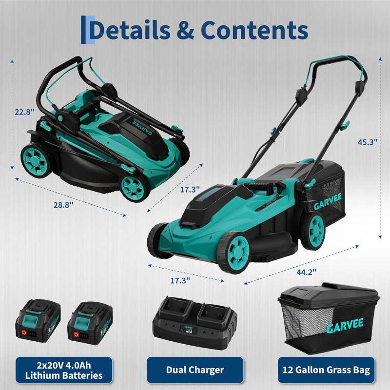 40V Cordless Lawn Mower, 17-Inch Battery Powered Push Lawn Mower with 6-Position Height Adjustment, Blue