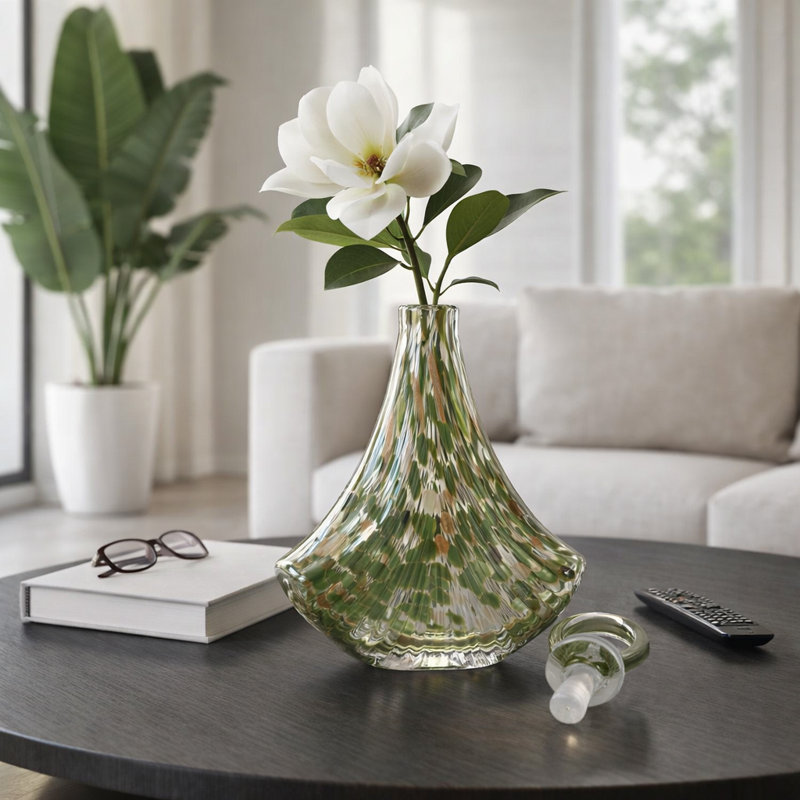  Glass Vase Handblown Decorative Art with Sculptural Ring Stopper and Flared Textured Body in Contemporary Glam Modern Design for Shelf Mantel or Tabletop Display Accent Decor