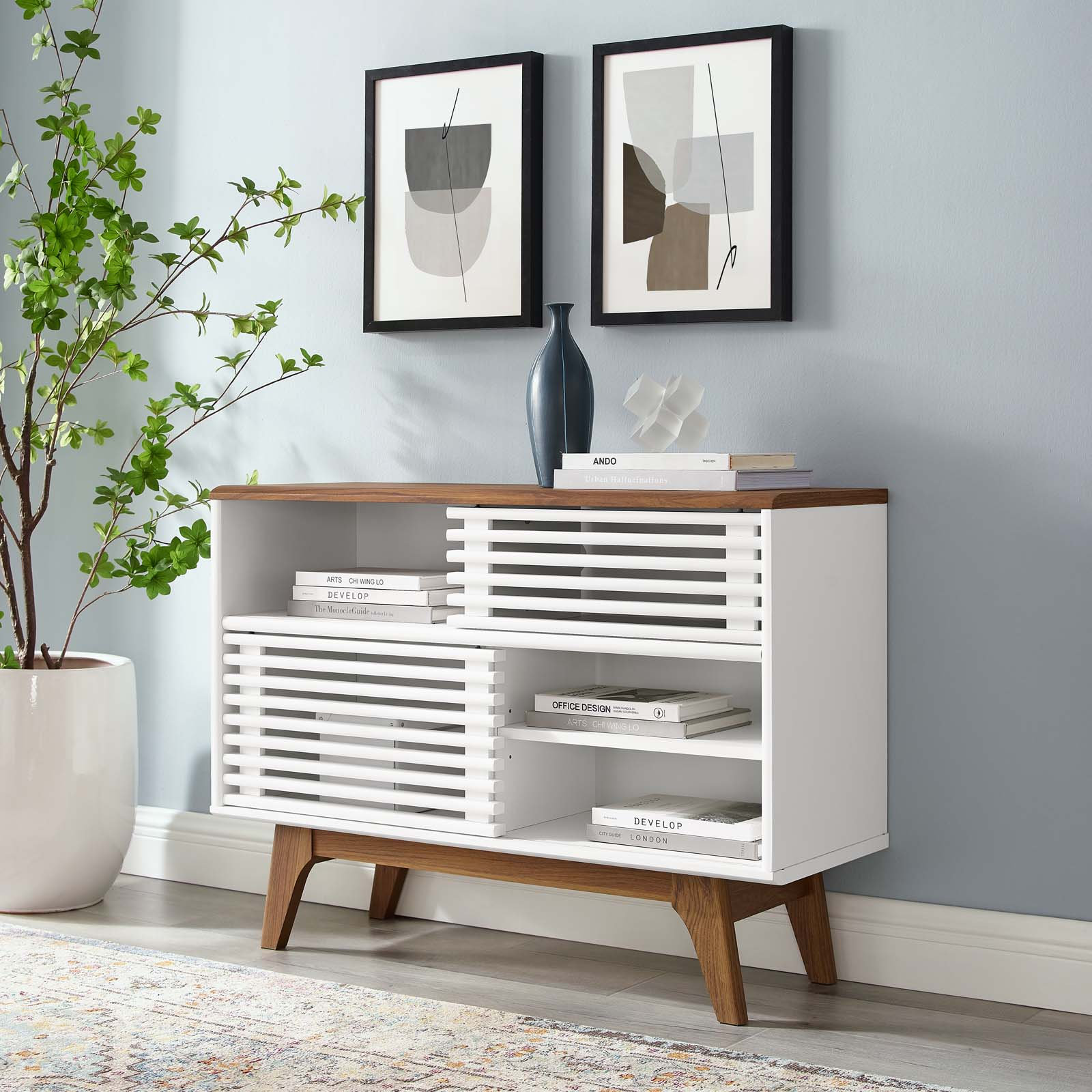 Render TV Stand, Walnut/White