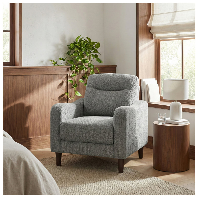 Fauteuil d'appoint moderne en chenille grise avec siège à ressorts ensachés et structure en bois massif