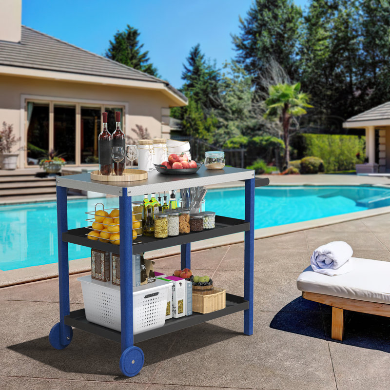 Three-decker Outdoor Grill Cart, Kitchen Island Dining Cart, Black/Navy
