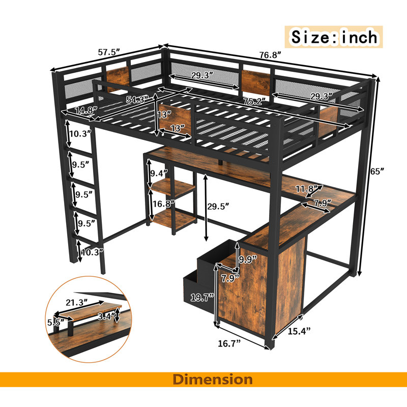 Full Loft Bed With Desk And Storage Non-Woven Fabric Drawers, Metal Loft Bed Frame With Ladders, Nosie-Free And No Spring Box Needed