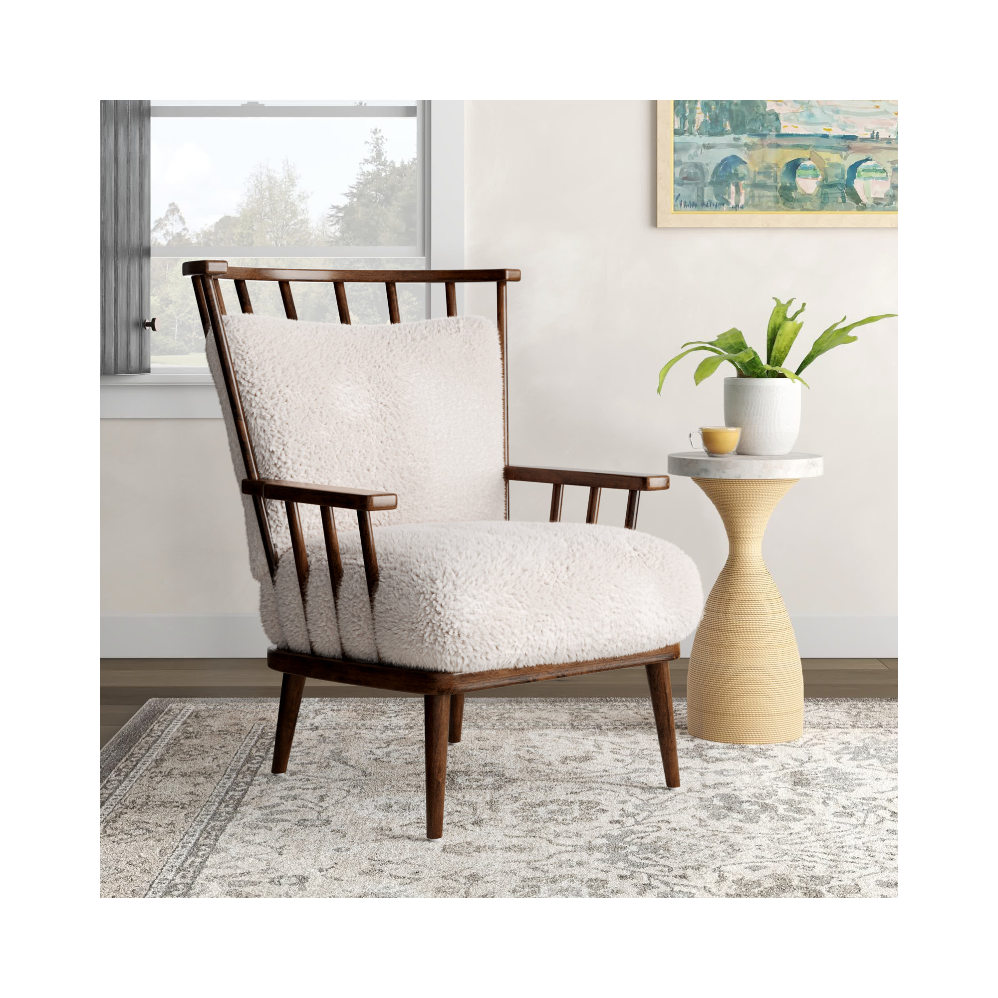 Allie Upholstered Armchair, White Faux Fur