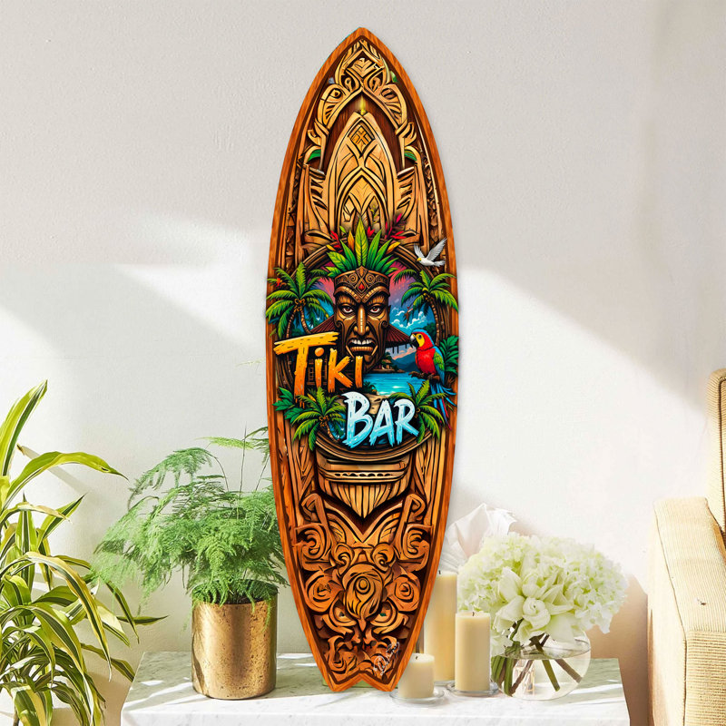Art mural de planche de surf Tiki Bar par G. Debrekht - décor côtier fabriqué à la main pour Tiki Lounge & Beach House