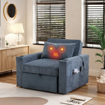 Fauteuil-lit 3 en 1 avec massage et chauffage, fauteuil convertible en lit avec dossier réglable, poches de rangement cachées, porte-gobelets, fauteuil-lit escamotable