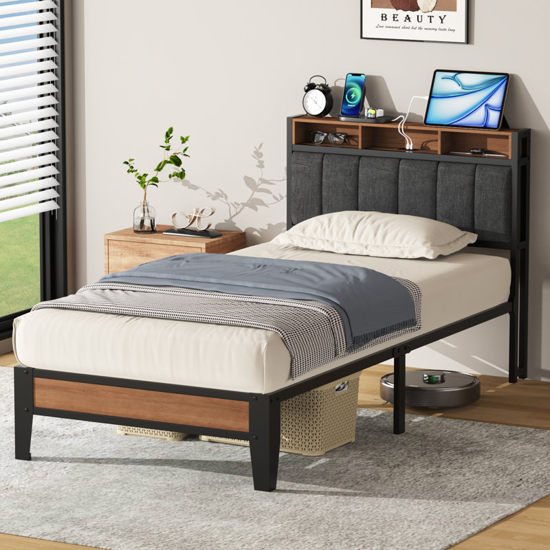 Upholstered Bed Frame with Charging Station and Storage Headboard, Gray, Twin XL