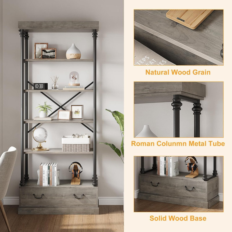 Gray Industrial Corner Bookshelf with Drawers and Metal Frame