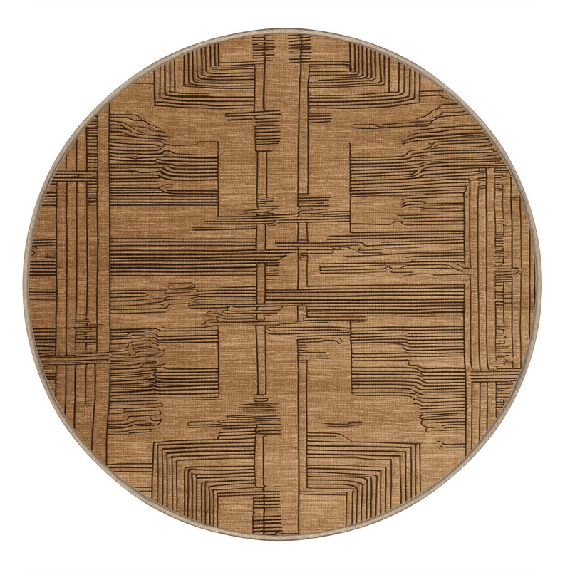 Machine Washable Art Deco Brown Area Rug, Round 5'