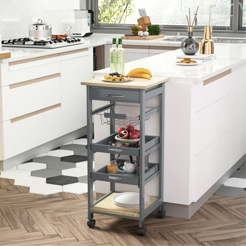 Îlot de cuisine mobile avec tiroir de rangement, panier et plateau grillagés, plateaux roulants gris, gris