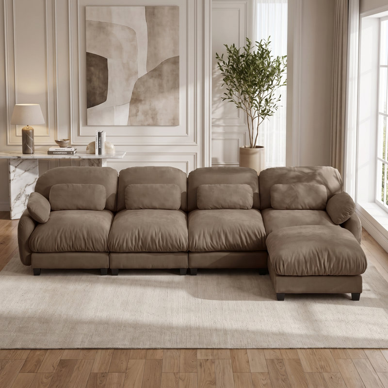 Canapé quatre places avec pouf, canapé moderne en chenille douce pour salon, appartement, Brun