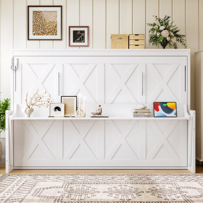 Grand lit escamotable avec bureau intégré et station de charge USB - Lit mural peu encombrant pour petits appartements, blanc