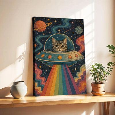 «Tabby Cat Flying Retro Ufo In Colorful Outer Space Galaxy», affiche rétro, art mural sur toile