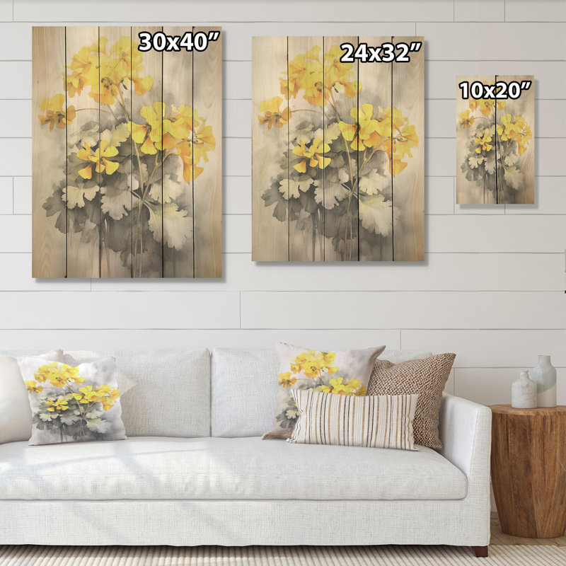 Jaune et gris géraniums bouquet I - géraniums, art mural sur bois de pin naturel, H 40 po x l 30 po