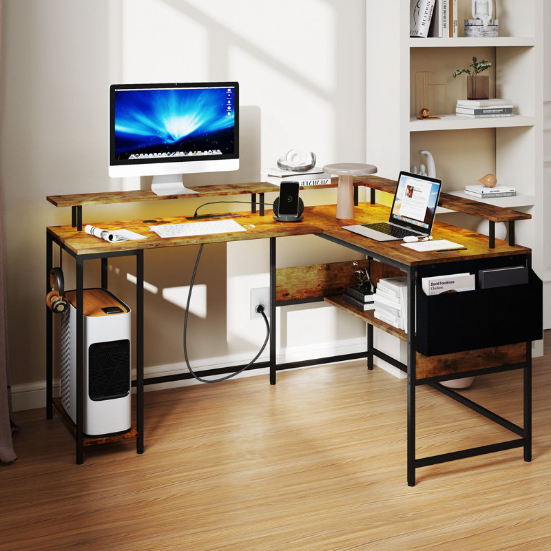 L-Shaped Metal Base Computer Desk, Brown