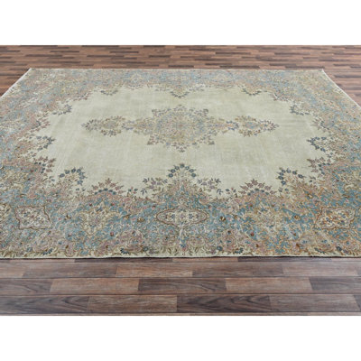 Tapis en mousseline de soie blanche persane rétro 10 pi x 13 pi 9 po avec médaillon fleuri, usure uniforme, velours complet, propre et doux, noué à la main, bon état, pure laine, tapis oriental