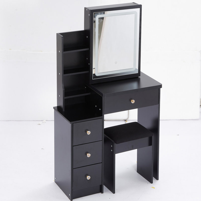 Small Size Vanity Table With Touch-control Led Mirror, Color & Brightness Adjustable, Cushioned Stool, , Black, Space Saving Concept Small Soft Stool Touch Control Switching And Adjustable , Black