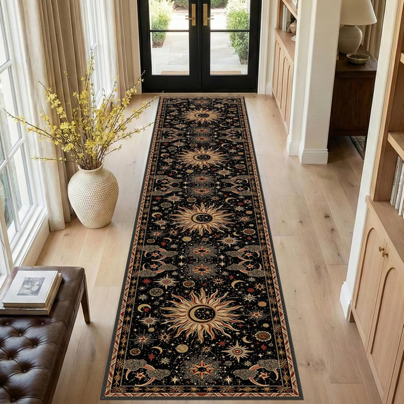 2X10 Area Rugs, Washable Vacuum-Friendly Non-Slip Rug Vintage Boho Sun And Moon Printed Pattern Low Pile Carpet For Living Room Bedroom Dining Room Hallway Entryway,Black Gold Beige Red