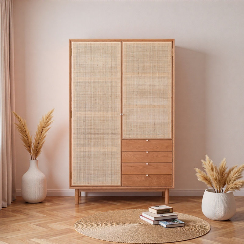 Rattan double-door wardrobe for all seasons, Light Original Wood Color