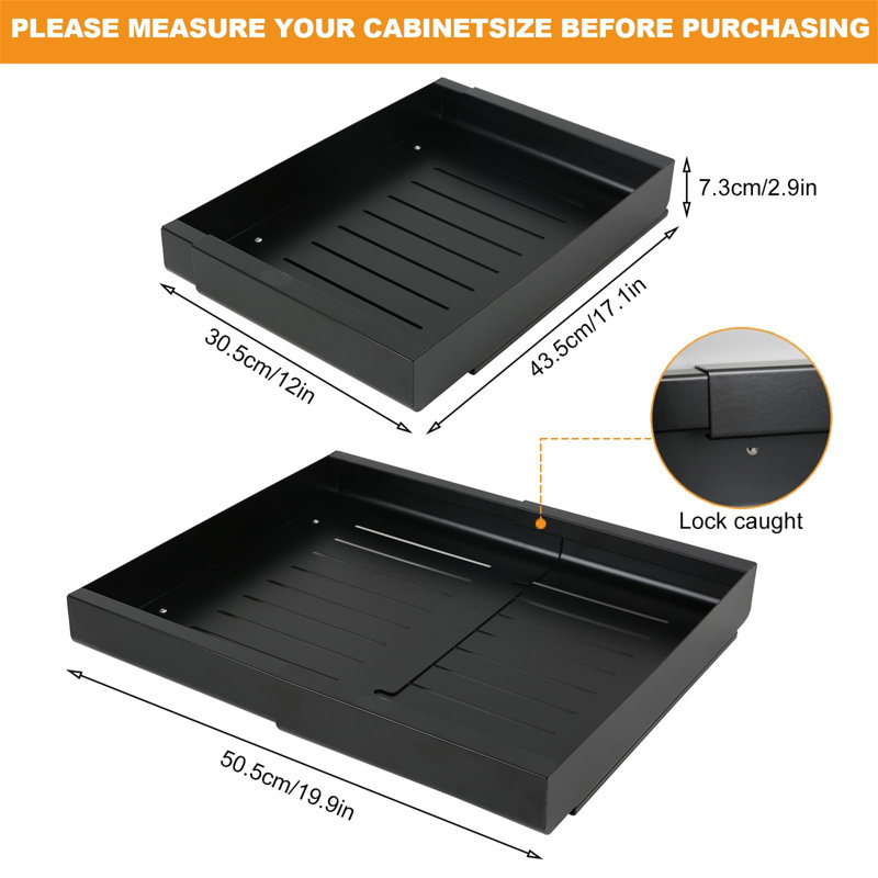 Pull Out Cabinet Organiser, Expandable Slide Out Drawer Storage Shelf, 30-50Cm W X 43Cm D X 7Cm H, Black