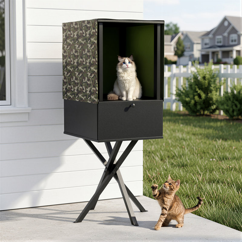 Station de repas extérieure pour chat surélevée avec housse de camouflage, abri multi-chats résistant aux intempéries avec support, armoire de rangement pour chat / raton laveur pour chats d'extérieur