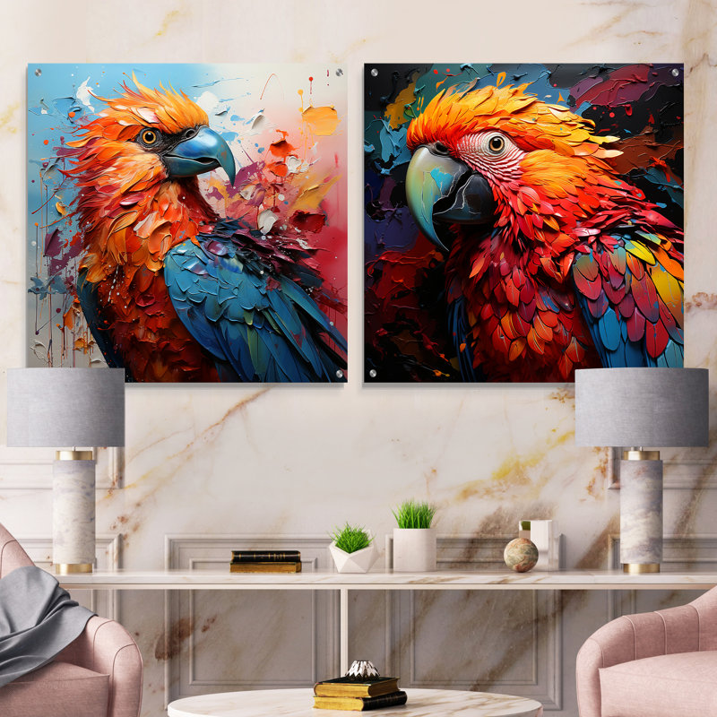 «Parrots Colorful Encounters» - ensemble de 2 peintures murales en acrylique, H 36 po x l 73 po