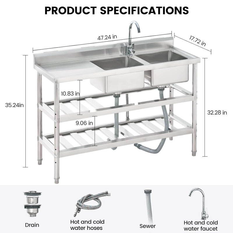 Stainless Steel Utility Sink, Freestanding Single Bowl Commercial Sink with Cold and Hot Water Pipes for Laundry Room Kitchen and Bathroom Farmhouse