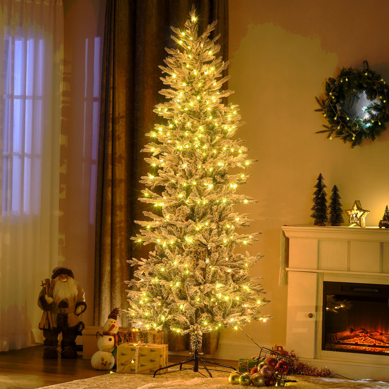 Arbre de Noël artificiel 7,5 pi avec 7,5 branches de neige floquées, 350 lumières claires jaunes chaudes, ouverture automatique, ampoule supplémentaire