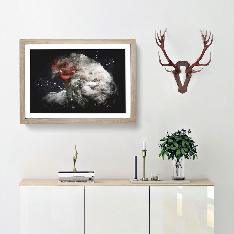 White Hen - Picture Frame Graphic Art Print, 24cm H x 33cm W x 2cm D, Oak Framed
