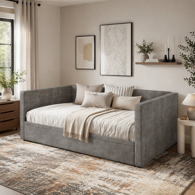 Lit de jour rembourré avec couchette escamotable et tissu chenille, Gris