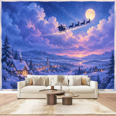 Papier peint adhésif moderne « Traîneau du Père Noël » représentant un village enneigé sous la pleine lune. Décoration murale tendance pour chambre ou salon. Dimensions : 254 cm (L) x 366 cm (l).