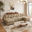 Grand canapé d'angle modulable en chenille, 6 places, avec 8 coussins décoratifs, pouf amovible et structure en bois massif pour un confort et un style polyvalents.-791072436-791072437
