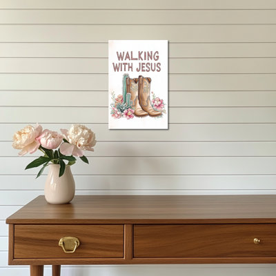 Fiecke - Marcher avec Jésus, bottes de cow-boy, reproductions d'art de la peinture murale, photos murales occidentales pour chambre à coucher, toile tendue avec cadre en pin, 12 po x 16 po