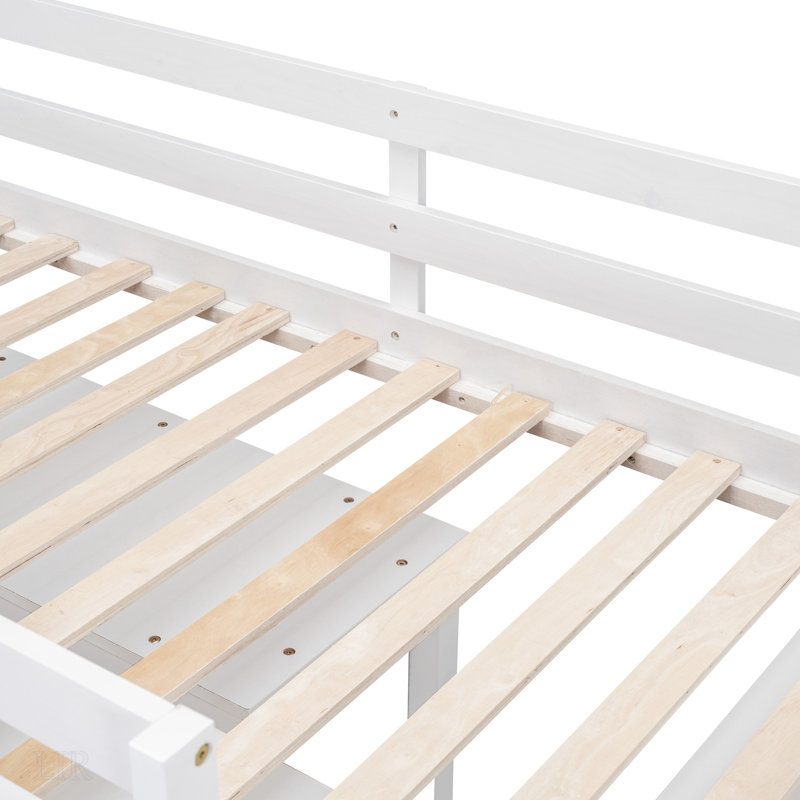 Lit mezzanine simple en bois avec bureau d'écriture rétractable, 4 tiroirs et tablettes latérales pour une efficacité accrue